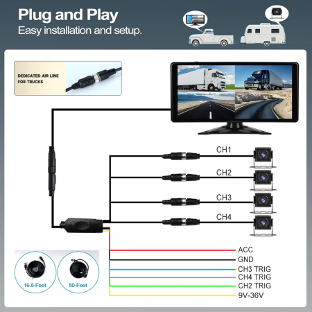 Kit sistem securitate auto cu 4 camere HD si display touch de 10.36", IR, 178°, IP67, camera marsarier, camioane, autocare, RV(rulote) [1]