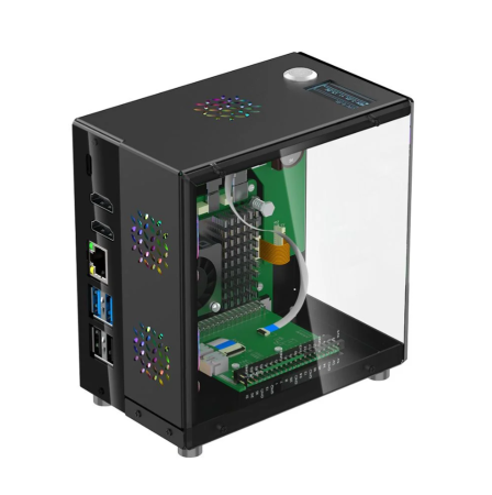 Carcasa mini PC pentru Raspberry Pi 5, ecran OLED 1.3 inch, 3 ventilatoare RGB, slot PCIe M.2 pentru SSD 2230/2242/2260/2280, functie RTC, conectivitate USB HDMI Ethernet [2]
