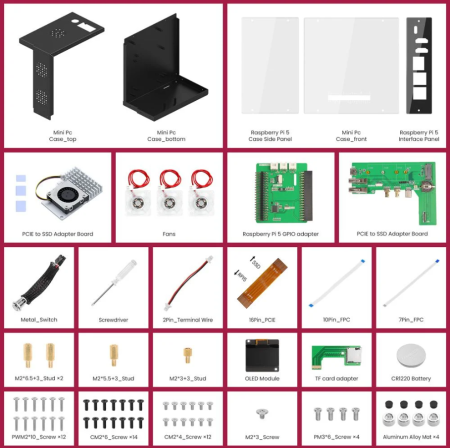 Carcasa mini PC pentru Raspberry Pi 5, ecran OLED 1.3 inch, 3 ventilatoare RGB, slot PCIe M.2 pentru SSD 2230/2242/2260/2280, functie RTC, conectivitate USB HDMI Ethernet [5]