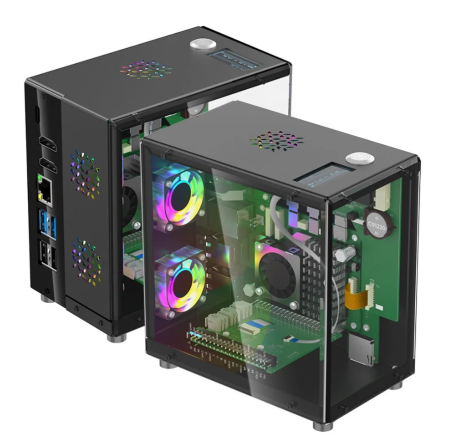 Carcasa mini PC pentru Raspberry Pi 5, ecran OLED 1.3 inch, 3 ventilatoare RGB, slot PCIe M.2 pentru SSD 2230/2242/2260/2280, functie RTC, conectivitate USB HDMI Ethernet [1]