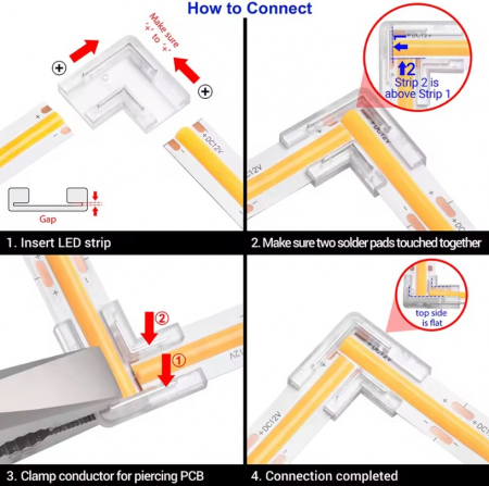 Conector clampdown pentru banda LED monocrom 8mm, conexiune banda la banda 90 grade, tip L, fara lipire, transparent [2]