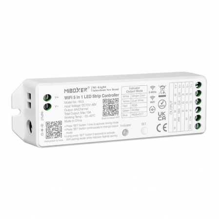 Controllere - Controller LED MiBoxer WL5, 5-in-1 (monocolor, dual-white, RGB, RGBW, RGB+CCT), 12-24V, 6A/canal (max 15A), WiFi+2.4GHz, Tuya, alb