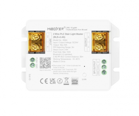 Controllere - Controller banda LED MiBoxer BS64, control iluminat trepte, 480W, Bluetooth+2.4GHz, Tuya, PIR 3m, 2–64 trepte, DC24V, IP20, alb