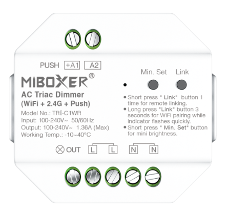 Controller Dimmer Led AC Triac, WiFi + 2.4Ghz + Push, Tuya, MiBoxer TRI-C1WR [1]
