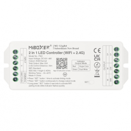 Controllere - Controller LED MiBoxer PW2, 2-in-1 monocolor/dual-white, 20A, 12-48V, WiFi + 2.4GHz, Tuya, alb