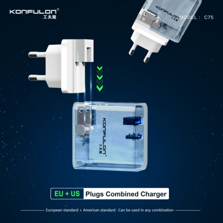 Incarcator telefon pliabil EU/US Konfulon C75, alb, GaN PD 65W Fast Charge [1]