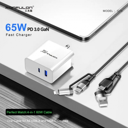 Incarcator telefon pliabil EU/US Konfulon C75, alb, GaN PD 65W Fast Charge [3]