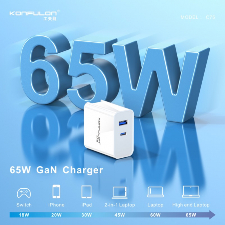 Incarcator telefon pliabil EU/US Konfulon C75, alb, GaN PD 65W Fast Charge [4]