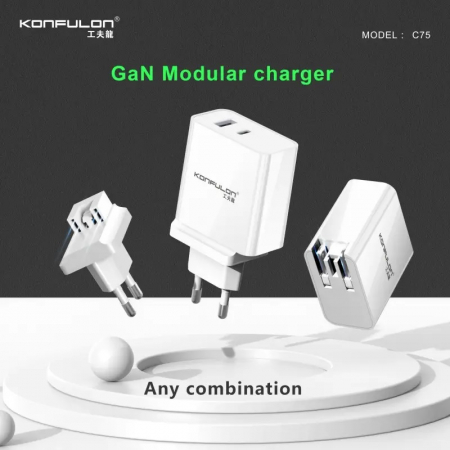 Incarcator telefon pliabil EU/US Konfulon C75, alb, GaN PD 65W Fast Charge [2]
