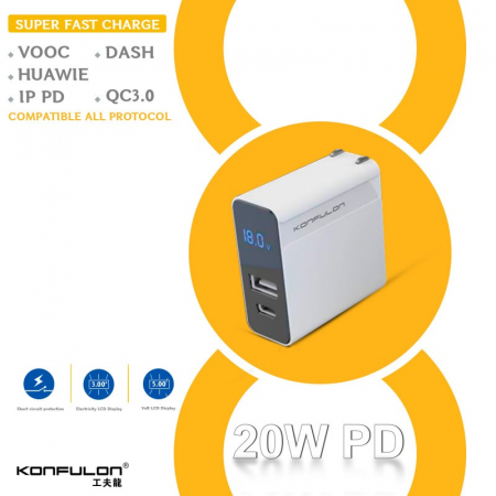 Incarcator telefon cu display, alb, PD 20W + QC 18W Konfulon C65Q [2]