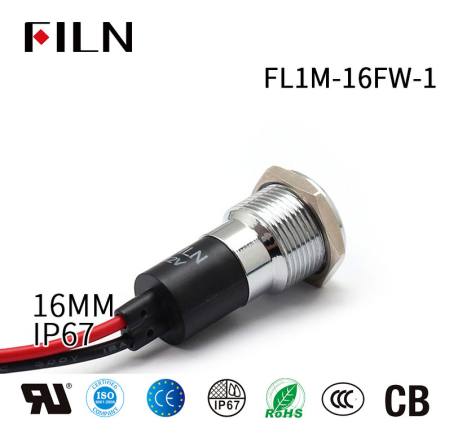 Indicator LED incastrat de panou din alama, 16mm, 2 fire 20cm, rosu, 12-24V DC, IP67, FL1M-16FW-1-RED [2]