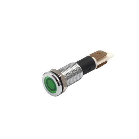 Indicatoare si martori - Indicator LED plat de panou din alama, 10mm, pini 6.3mm, verde, 12-24V DC, IP65, FL1M-10FJ-1-GREEN