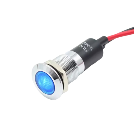 Indicatoare si martori - Indicator LED plat de panou alama 12mm, 2 fire 20cm, albastru, 12-24V DC, IP67, FL1M-12FW-1-BLUE