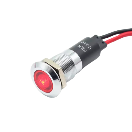 Indicatoare si martori - Indicator LED plat de panou alama 12mm, 2 fire 20cm, rosu, 12-24V DC, IP67, FL1M-12FW-1-RED