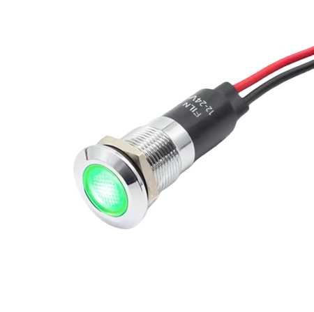 Indicatoare si martori - Indicator LED plat de panou alama 12mm, 2 fire 20cm, verde, 12-24V DC, IP67, FL1M-12FW-1-GREEN