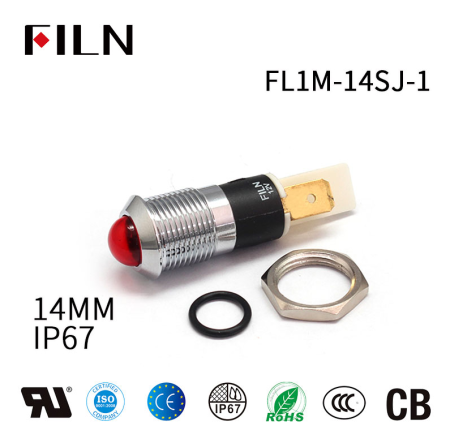 Indicator LED plat de panou din alama, 14mm, pini 6.3mm, rosu, 12-24V DC, IP67, FL1M-14SJ-1-RED [1]