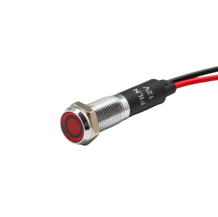Indicatoare si martori - Indicator LED plat de panou alama 8mm, 2 fire 20cm, rosu, 12-24V DC, IP67, FL1M-08FW-1-RED