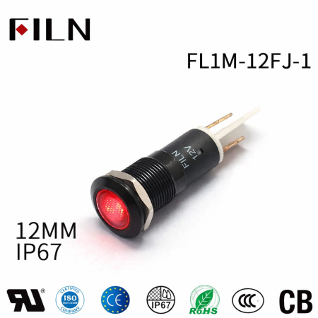 Indicator LED plat de panou din aluminiu anodizat, 12mm, pini 6.3mm, rosu, 12-24V DC, IP67, FL1A-12FJ-1-RED [1]
