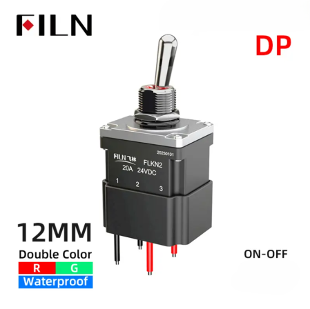 Intrerupator basculant cu mentinere, 2 pozitii, 4 fire, ON-OFF, 20A/12-24VDC, iluminare rosu-verde, DPST, FLKN2-21N-W [1]
