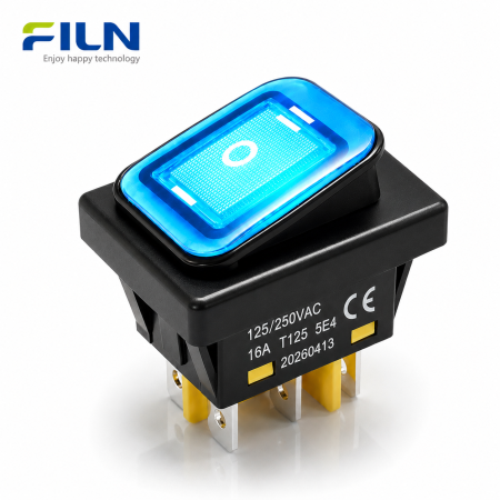 Intrerupator/rocker basculant ON-OFF-ON KCD4-0211-23, 6pini, 250VAC, 16A, 30x22mm, LED albastru, cu retinere, IP65 [1]