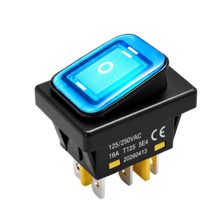 Intrerupatoare si comutatoare de circuit - Intrerupator/rocker basculant ON-OFF-ON KCD4-0211-23, 6pini, 250VAC, 16A, 30x22mm, LED albastru, cu retinere, IP65