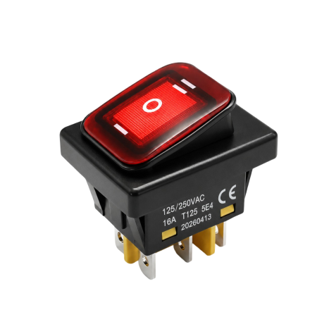 Intrerupatoare si comutatoare de circuit - Intrerupator/rocker basculant ON-OFF-ON KCD4-0211-23, 6pini, 250VAC, 16A, 30x22mm, LED rosu, cu retinere, IP65