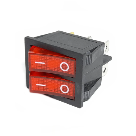 Intrerupator basculant/rocker dublu, iluminat rosu, ON–OFF cu mentinere, 16A 250V AC, 32x25 mm, montaj panou, FL3-KCD3-2101-01-RR [1]