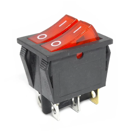 Componente electrice si electronice - Intrerupator basculant/rocker dublu, iluminat rosu, ON–OFF cu mentinere, 16A 250V AC, 32x25 mm, montaj panou, FL3-KCD3-2101-01-RR