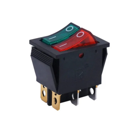 Componente electrice si electronice - Intrerupator basculant/rocker dublu, iluminat rosu-verde, ON–OFF cu mentinere, 16A 250V AC, 32x25 mm, montaj panou, FL3-KCD3-2101-01-RG