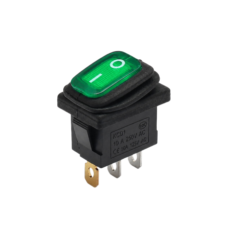 Intrerupatoare si comutatoare de circuit - Intrerupator/rocker mini basculant ON-OFF, KCD1-0111-11, 3pini, 250VAC, 10A, 19.5x13mm, LED verde, cu retinere, IP65