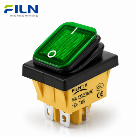 Intrerupator/rocker basculant ON-OFF, KCD4-0211-21, 4pini, 250VAC, 16A, 30x22mm, LED verde, cu retinere, IP65 [1]