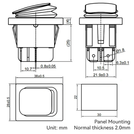 Intrerupator/rocker basculant ON-OFF, KCD4-0111-21, 4pini, 250VAC, 16A, 30x22mm, LED rosu, cu retinere, IP65 [2]