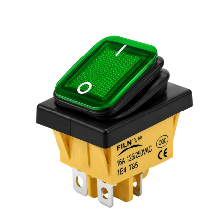 Intrerupatoare si comutatoare de circuit - Intrerupator/rocker basculant ON-OFF, KCD4-0111-21, 4pini, 250VAC, 16A, 30x22mm, LED verde, cu retinere, IP65