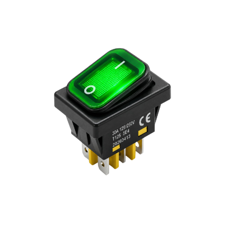 Componente electrice si electronice - Intrerupator/rocker basculant ON-OFF, KCD4-0311-21, 4pini, 250VAC, 30A, 30x22mm, LED verde, cu retinere, IP65