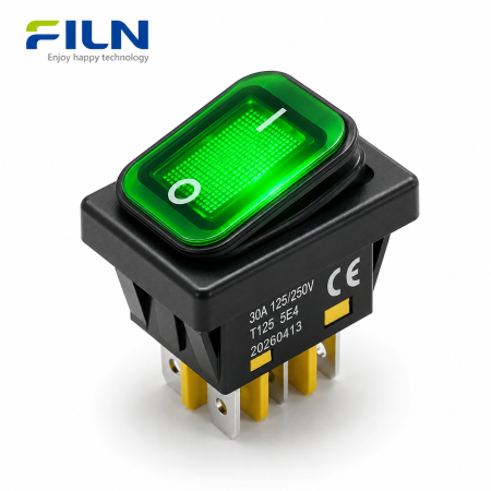 Intrerupator/rocker basculant ON-OFF, KCD4-0311-21, 4pini, 250VAC, 30A, 30x22mm, LED verde, cu retinere, IP65 [1]