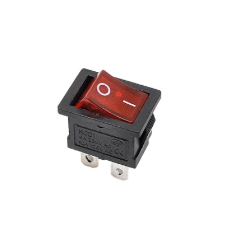 Componente electrice si electronice - Buton rocker mini ON–OFF iluminat cu mentinere, 6A 250V AC, DPST, montaj panou, rosu, KCD1-104-00-RED