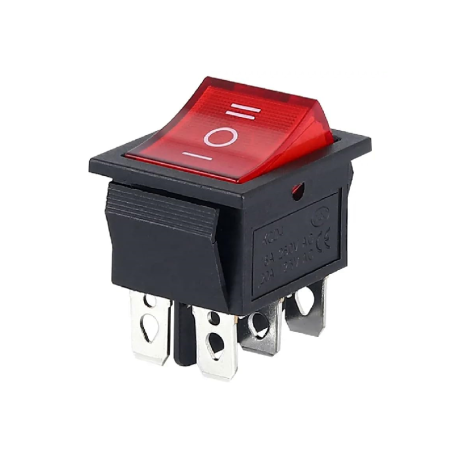 Intrerupatoare si comutatoare de circuit - Intrerupator basculant/rocker iluminat rosu cu mentinere, ON–OFF–ON, 16A 250V AC, 22x30 mm, montaj panou, FL3-KCD4-203-01-RED