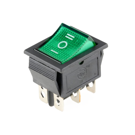 Intrerupatoare si comutatoare de circuit - Intrerupator basculant/rocker iluminat verde cu mentinere, ON–OFF–ON, 16A 250V AC, 22x30 mm, montaj panou, FL3-KCD4-203-01-GREEN