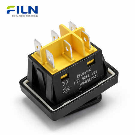 Intrerupator/rocker basculant ON-OFF-ON KCD4-0211-23, 6pini, 250VAC, 16A, 30x22mm, LED rosu, cu retinere, IP65 [2]