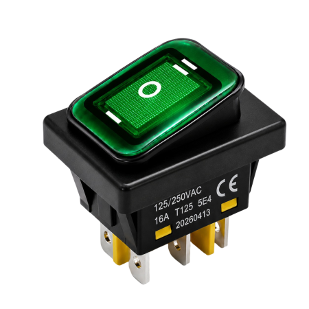 Intrerupatoare si comutatoare de circuit - Intrerupator/rocker basculant ON-OFF-ON KCD4-0211-23, 6pini, 250VAC, 16A, 30x22mm, LED verde, cu retinere, IP65