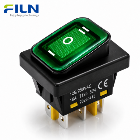 Intrerupator/rocker basculant ON-OFF-ON KCD4-0211-23, 6pini, 250VAC, 16A, 30x22mm, LED verde, cu retinere, IP65 [1]