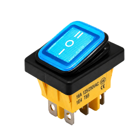 Intrerupatoare si comutatoare de circuit - Intrerupator/rocker basculant ON-OFF-ON, KCD4-0111-23, 6pini, 250VAC, 16A, 30x22mm, LED albastru, cu retinere, IP65