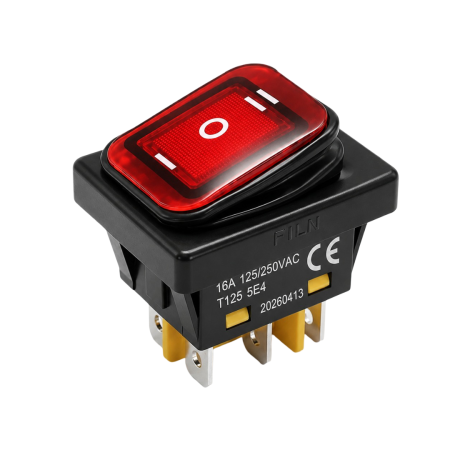 Intrerupatoare si comutatoare de circuit - Intrerupator/rocker basculant ON-OFF-ON, KCD4-0111-23, 6pini, 250VAC, 16A, 30x22mm, LED rosu, cu retinere, IP65