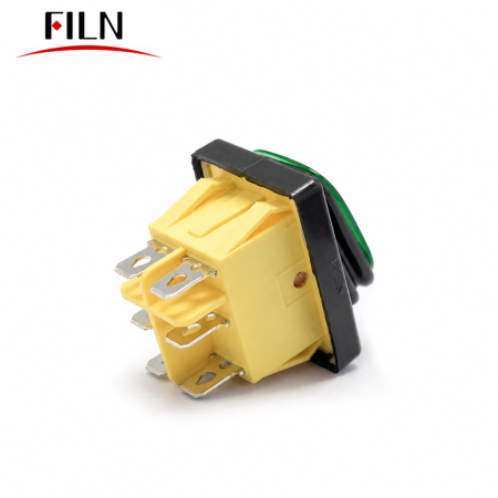 Intrerupator/rocker basculant ON-OFF-ON, KCD4-0111-23, 6pini, 250VAC, 16A, 30x22mm, LED verde, cu retinere, IP65 [2]