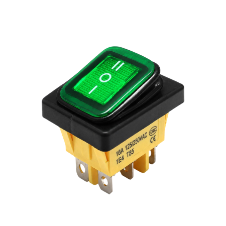 Intrerupatoare si comutatoare de circuit - Intrerupator/rocker basculant ON-OFF-ON, KCD4-0111-23, 6pini, 250VAC, 16A, 30x22mm, LED verde, cu retinere, IP65