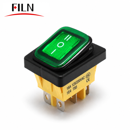 Intrerupator/rocker basculant ON-OFF-ON, KCD4-0111-23, 6pini, 250VAC, 16A, 30x22mm, LED verde, cu retinere, IP65 [1]