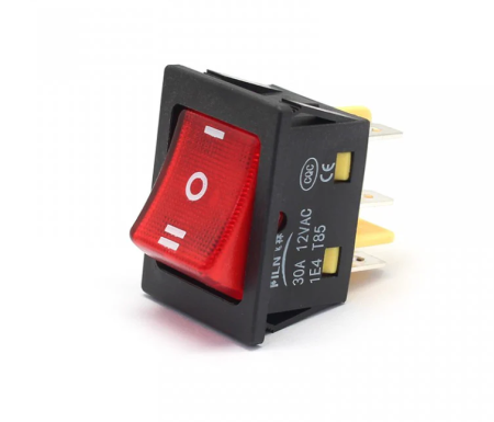 Intrerupatoare si comutatoare de circuit - Intrerupator basculant/rocker iluminat rosu ON–OFF–ON, 30A 250V AC, 22x30 mm, montaj panou, KCD4-0301-23-30A-RED