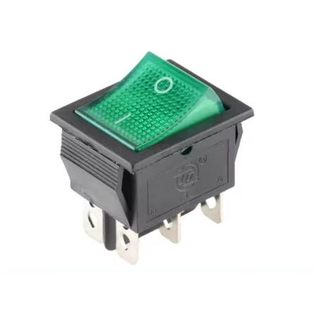 Intrerupatoare si comutatoare de circuit - Intrerupator basculant/rocker iluminat verde, cu mentinere, DPDT, ON-ON, 6 pini, 16A 250VAC, 20A 125VAC, IP20, FL3-KCD4-202-01-GREEN