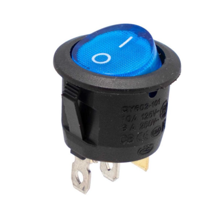 Intrerupatoare si comutatoare de circuit - Intrerupator rocker rotund iluminat albastru ON–OFF cu mentinere, 6A 250V AC, Ø20x23 mm, montaj panou, QY602-101N-B