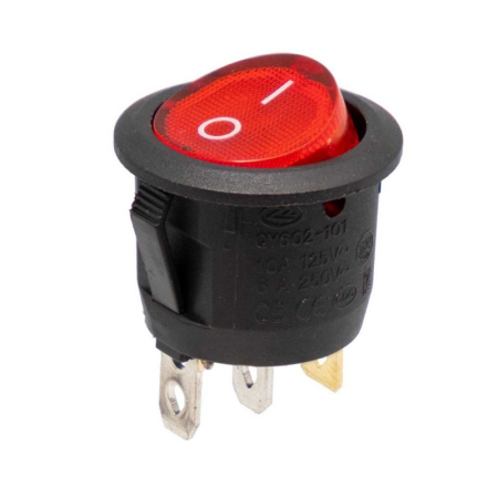 Intrerupatoare si comutatoare de circuit - Intrerupator rocker rotund iluminat rosu ON–OFF cu mentinere, 6A 250V AC, Ø20x23 mm, montaj panou, QY602-101N-R